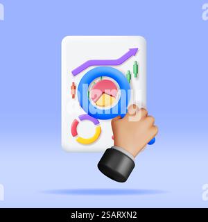 Diagramme circulaire 3D dans le presse-papiers avec loupe. Rendu Stock Pie montre la croissance ou le succès. Analyse de données financières, recherche commerciale, commerce des marchés financiers. Argent et banque. Illustration vectorielle. Diagramme circulaire 3D dans le presse-papiers avec loupe Illustration de Vecteur