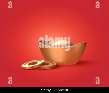 Illustration 3d lingot d'or et pièces de monnaie isolés sur fond rouge, éléments de conception pour l'année lunaire chinoise. lingot d'or 3d et pièces de monnaie Illustration de Vecteur