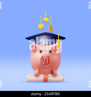 Banque de chiots 3D avec chapeau de graduation, rouleau de diplôme et pièces d'or. Rendu concept d'épargne pour l'éducation. Épargne et investissement. Connaissances académiques et scolaires. Illustration vectorielle réaliste. Banque 3D Piggy avec chapeau de graduation, diplôme, pièces de monnaie Illustration de Vecteur