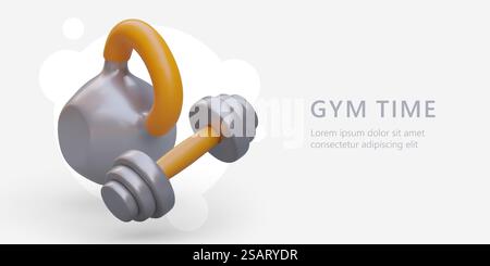 Temps de gym. Kettlebell et haltère réalistes. Accessoires lourds pour l'entraînement des muscles du bras. Affiche horizontale avec espace pour le texte. Modèle d'invitation à la salle de gym, club de fitness, centre d'exercice. Temps de gym. Kettlebell et haltère réalistes. Accessoires lourds pour l'entraînement des muscles du bras Illustration de Vecteur