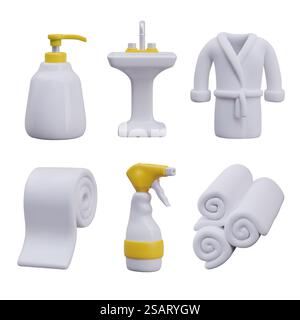 Serviettes et peignoir pour les procédures de spa. Nettoyage, concept de soins du corps. Ensemble d'éléments pour les soins du corps. Illustration vectorielle dans le style 3D avec des éléments jaunes. Serviettes et peignoir pour les procédures de spa. Nettoyage, concept de soins du corps Illustration de Vecteur