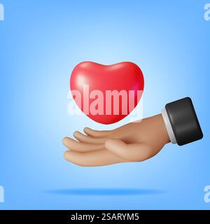 Forme de coeur 3D dans la main humaine isolée. Rendu stylisé Cartoon Hyman Palm Holding Heart Sign. Charité, don, amour, aide et concept d'aide. Illustration vectorielle. Forme de coeur 3D dans la main humaine isolée Illustration de Vecteur