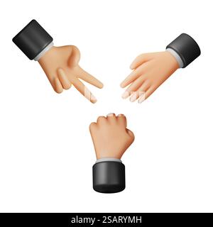 Jeu de ciseaux en papier de roche 3D isolé. Rendu des gestes de la main. Cartoon Fingers Play Rock Paper Scissors Process. Collection de gestes de la main. Victoire et perte aléatoires. Illustration vectorielle. Jeu de ciseaux en papier de roche 3D. Illustration de Vecteur