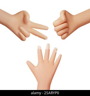 Jeu de ciseaux en papier de roche 3D isolé. Rendu des gestes de la main. Cartoon Fingers Play Rock Paper Scissors Process. Collection de gestes de la main. Victoire et perte aléatoires. Illustration vectorielle. Jeu de ciseaux en papier de roche 3D. Illustration de Vecteur