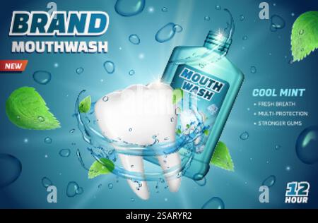 Annonces de rince-bouche à la menthe fraîche avec des menthes volantes et des gouttes d'eau éclaboussant sur fond bleu scintillant, illustration 3D. Bains de bouche à la menthe fraîche Illustration de Vecteur