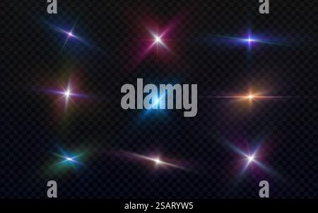 Ensemble d'éblouissement de lumière réaliste, reflets lumineux de lentille, mise en évidence de néon. Collection d'effets d'éclairage du flash. Étoiles brillantes à paillettes multicolores, étincelles brillantes isolées sur fond transparent. Vecteur EPS10 Illustration de Vecteur