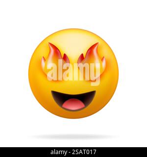 Emoticon 3D jaune excité feu Eyed isolé. Rendre un Emoji œil de feu d'étoile de rire. Happy face LOL. Communication, Web, médias de réseau social, bouton App. Illustration vectorielle réaliste. Émoticône 3D jaune excité Fire Eyed Illustration de Vecteur