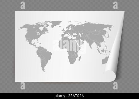 Carte du monde détaillée avec les frontières des états sur une feuille de papier blanche avec coin courbé. Illustration vectorielle EPS10 Illustration de Vecteur