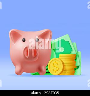 Banque 3D Piggy avec pièces et billets de banque. Rendez Plastic Piggy Bank pour de l'argent. Moneybox en forme de porc. Concept d'argent comptant, placement de dépôt d'entreprise, épargne financière. Illustration vectorielle. Banque 3D Piggy avec pièces et billets de banque Illustration de Vecteur