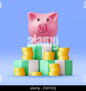 Banque 3D Piggy avec pièces et billets de banque. Rendez Plastic Piggy Bank pour de l'argent. Moneybox en forme de porc. Concept d'argent comptant, placement de dépôt d'entreprise, épargne financière. Illustration vectorielle. Banque 3D Piggy avec pièces et billets de banque Illustration de Vecteur