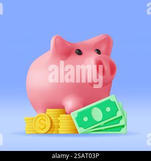 Banque 3D Piggy avec pièces et billets de banque. Rendez Plastic Piggy Bank pour de l'argent. Moneybox en forme de porc. Concept d'argent comptant, placement de dépôt d'entreprise, épargne financière. Illustration vectorielle. Banque 3D Piggy avec pièces et billets de banque Illustration de Vecteur