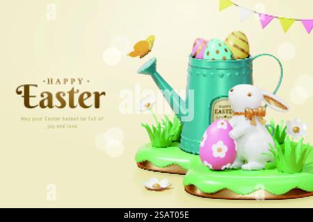 Modèle de vacances de Pâques de dessin animé 3D. Mignon lapin tient un œuf parmi l'herbe verte avec un pot d'arrosage plein d'oeufs foilés derrière. Concept de chasse aux œufs de printemps.. Modèle de chasse aux œufs de Pâques de dessin animé 3D. Illustration de Vecteur