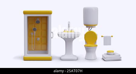 Collection d'équipement pour salle de bain. Cabine de douche, lavabo, WC, chaudière, serviettes et crème. Concept de soins de la peau et du corps. Illustration vectorielle dans un style réaliste 3D. Collection d'équipement pour salle de bain. Cabine de douche, lavabo, WC, chaudière Illustration de Vecteur