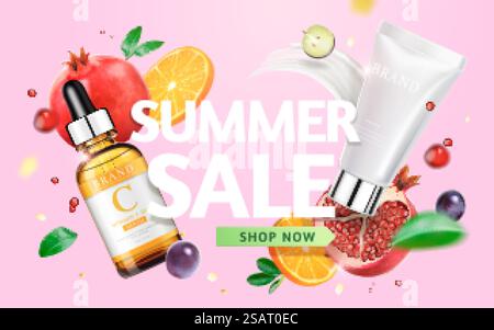 illustration 3d du modèle d'annonce de produit de beauté, concept de soins naturels de la peau, maquettes de bouteille avec grenade et mandarine. Modèle d'annonce pour produit de beauté Illustration de Vecteur