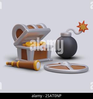 Coffre avec pièces d'or, spyglass, bouclier, bombe avec cordon brûlant. Composition vectorielle sur fond gris. Bataille en ligne, jeu électronique. Prix pour le gagnant. Coffre avec pièces d'or, spyglass, bouclier, bombe avec cordon brûlant Illustration de Vecteur