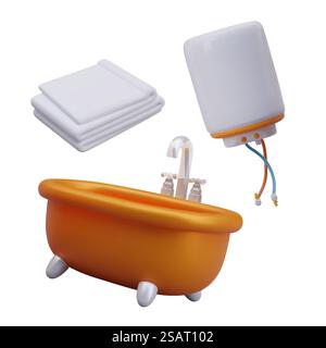 Ensemble de bain, serviette blanche et chaudière pour chauffer l'eau. salle de bain à la maison 3d, lavage et nettoyage, concept d'hygiène. Illustration vectorielle dans le style 3D et les éléments orange. Ensemble de bain, serviette blanche et chaudière pour chauffer l'eau Illustration de Vecteur