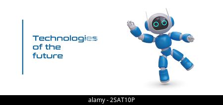Concept des technologies futures. Robot réaliste mignon est en équilibre sur une jambe, agitant sa main de manière amicale. Intelligence artificielle, gestion automatisée. Concept des technologies futures. Robot réaliste mignon est en équilibre sur une jambe Illustration de Vecteur