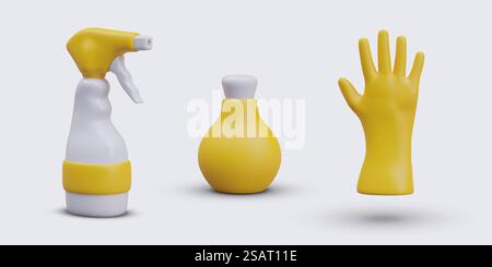 Ensemble de détergent en aérosol, bouteille avec cosmétique et gant dans des couleurs jaunes. Concept général de nettoyage de maison. Illustration vectorielle dans un style réaliste 3D dans des couleurs jaunes. Ensemble de détergent en aérosol, bouteille avec cosmétique et gant dans des couleurs jaunes Illustration de Vecteur