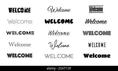 Bienvenue - ensemble d'inscription calligraphique pour carte de voeux. Lettrage de pinceau vectoriel, texte noir isolé sur fond blanc Illustration de Vecteur