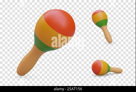 Ensemble de maracas isolés dans différentes positions. Instrument de musique à percussion folklorique et à bruit. Image réaliste en couleurs. Jouet en bois pour enfants. Icônes vectorielles. Ensemble de maracas isolés dans différentes positions. Instrument de musique à percussion folklorique et à bruit Illustration de Vecteur