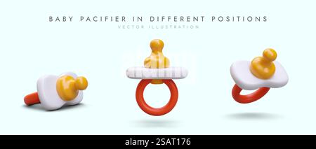 Sucette en plastique réaliste pour bébé dans différentes positions. Sucette orthodontique sur fond gris. Illustration vectorielle dans les couleurs rouge et jaune dans le style 3D. Sucette en plastique réaliste pour bébé dans différentes positions Illustration de Vecteur