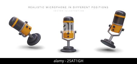 Ensemble de microphones réalistes dans différentes positions. Microphone couleur 3D sur pied. Dispositif d'enregistrement sonore. Icône Podcast. Image vectorielle isolée dans le style de dessin animé. Ensemble de microphones réalistes dans différentes positions. Microphone couleur 3D sur pied Illustration de Vecteur