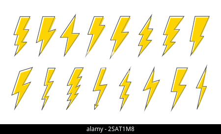 Jeu de vecteurs d'icônes de foudre. Tonnerre et boulon. Icône Flash. Silhouette jaune Lightning Bolt avec cadre noir dans le style de bande dessinée Illustration de Vecteur
