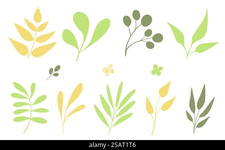 Ensemble vectoriel d'illustrations plates de feuilles, de plantes, de branches d'arbres. Collection silhouettes simples Illustration de Vecteur