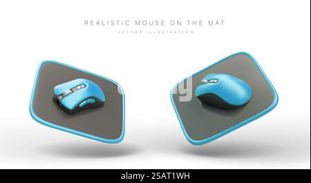 Souris sans fil d'ordinateur bleu 3D sur tapis. Appareil professionnel avec boutons et molette de défilement. EQUIPEMENT pour joueurs. Ensemble d'images vectorielles colorées. Refroidir l'appareil. Illustration pour la conception Web. Souris sans fil d'ordinateur bleu 3D sur tapis. Appareil professionnel avec boutons et molette de défilement Illustration de Vecteur