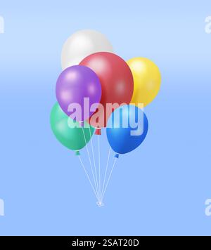 Bouquet 3D de ballon isolé. Rendu de l'ensemble de ballons d'hélium réalistes en couleur rouge, jaune, vert, bleu et blanc. Modèle pour anniversaire, fête d'anniversaire. Illustration vectorielle. Bouquet 3D de ballon isolé Illustration de Vecteur