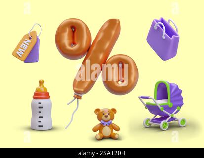 Ensemble d'éléments colorés 3D pour la vente de produits pour bébés. Nouvelle étiquette, biberon, ours en peluche, poussette, sac, réduction festive sur les ballons. Illustration vectorielle isolée. Ensemble d'éléments colorés 3D pour la vente de produits pour bébés. Nouvelle étiquette, biberon, ours en peluche Illustration de Vecteur