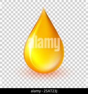 Illustration vectorielle de goutte d'huile. Gouttelette liquide jaune réaliste isolée sur fond transparent. Essence de collagène doré, icône de goutte à goutte de miel 3D. Concept industriel et pétrolier. Illustration EPS10 Illustration de Vecteur