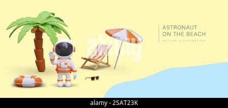 Astronaute sur la plage. Organisation de longs voyages. Concept pour agence de voyages. Repos par la mer. Vacances au bord de l'océan. Fête d'été. Réductions d'espace. Concept de vecteur de couleur. Astronaute sur la plage. Organisation de longs voyages. Concept pour agence de voyages Illustration de Vecteur