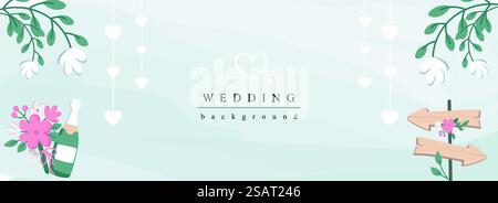 Bannière de toile horizontale de mariage. Invitation de mariage élégante avec planches en bois, bouquets de fleurs roses, champagne, guirlandes de coeur. Illustration vectorielle pour le site Web d'en-tête, modèles de couverture dans la conception moderne Illustration de Vecteur