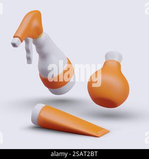 Vaporisez le détergent, le pot avec le liquide et la bouteille cosmétique dans les couleurs orange. Concept général de nettoyage de maison. Produit pour l'hygiène et l'auto-soin. Illustration vectorielle dans un style réaliste 3D. Vaporisez le détergent, le pot avec le liquide et la bouteille cosmétique dans les couleurs orange Illustration de Vecteur