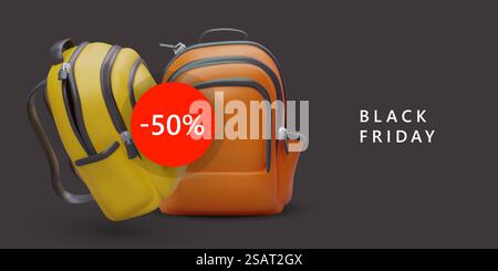Vendredi fou, soldes sacs à dos. Marchandises à moitié prix. Publicité sur fond noir avec illustration réaliste et place pour le texte. Modèle de couleur pour sac et magasin d'accessoires scolaires. Vendredi fou, soldes sacs à dos. Marchandises à moitié prix. Publicité sur fond noir Illustration de Vecteur