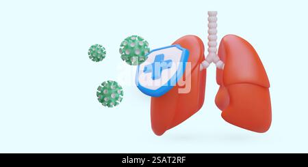 Protéger les poumons des virus. Vaccination fiable. Illustration 3D dans le style de dessin animé, texte. Affiche couleur pour clinique. Publicité pour les vaccins et les médicaments. Prévention des épidémies. Protéger les poumons des virus. Vaccination fiable. Illustration 3D dans le style de dessin animé, texte Illustration de Vecteur