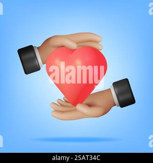 Forme de coeur 3D dans la main humaine isolée. Rendu stylisé Cartoon Hyman Palm Holding Heart Sign. Charité, don, amour, aide, assurance-vie et concept d'aide. Illustration vectorielle. Forme de coeur 3D dans la main humaine isolée Illustration de Vecteur