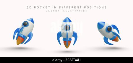 Fusée spatiale 3D dans différentes positions. Vaisseau spatial en vol. Fusée avec moteur en marche, feu de turbines. Ensemble d'icônes colorées réalistes. Modèle pour la conception Web. Fusée spatiale 3D dans différentes positions. Vaisseau spatial en vol Illustration de Vecteur