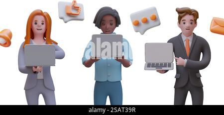Employés de bureau au travail. Personnages vectoriels montrant des gadgets sans marque. Maquette d'appareils électroniques modernes. Icônes 3D, publicité de messager, applications commerciales. Employés de bureau au travail. Personnages vectoriels montrant des gadgets sans marque Illustration de Vecteur