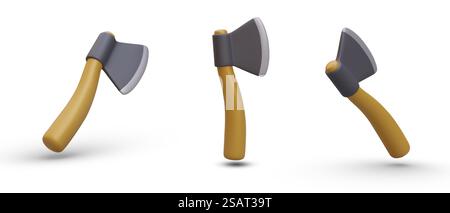 Jeu de haches dans une position différente. Affiche avec élément 3d pour jeux informatiques. Concept de bras en acier. Illustration vectorielle dans les couleurs jaune et grise dans le style 3D. Jeu de haches dans une position différente. Affiche avec élément 3d pour jeux informatiques Illustration de Vecteur