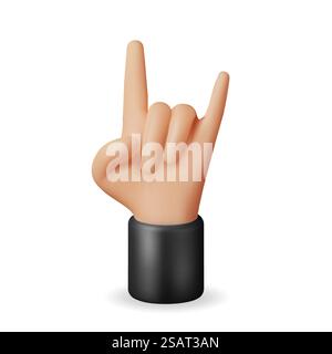 Symbole de geste de la main 3D isolé. Rendu Rock n Roll Music Hand Emoji. Main de dessin animé à bascule montrant le signe de klaxons. Concept d'icône de musique. Illustration vectorielle. Symbole de geste de la main 3D isolé Illustration de Vecteur