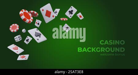 Bannière Web avec des cartes à jouer volantes, des jetons rouges pour le poker, et des cubes. Concept de casino en ligne avec fond vert. Illustration vectorielle dans le style 3D avec place pour le texte. Bannière Web avec collection de cartes à jouer volantes, jetons rouges pour le poker et les cubes Illustration de Vecteur