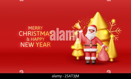 Père Noël 3D avec cloche et arbre de Noël en or. Render Happy New Year Decoration Banner. Joyeux Noël. Nouvel an et fête de Noël. Illustration vectorielle réaliste. Père Noël 3D avec cloche et arbre de Noël en or Illustration de Vecteur