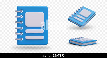 Carnet 3D bleu sur ressort de colonne vertébrale. Couvrir avec espace vide, maquette. Accessoire d'élève, écolier, étudiant. Retour à l'école. Icônes pour le magasin de papeterie. Illustrations pour application éducative. Carnet 3D bleu sur ressort de colonne vertébrale. Couvrir avec espace vide, maquette Illustration de Vecteur