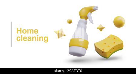 Concept de nettoyage à domicile. Pistolet de pulvérisation de bouteille en plastique, éponge poreuse, bulles de savon, étoiles. Eléments pour la conception publicitaire de services d'entreprise de nettoyage. Eléments isolés sur fond blanc. Concept de nettoyage à domicile. Pistolet de pulvérisation de bouteille en plastique, éponge poreuse, bulles de savon, étoiles Illustration de Vecteur