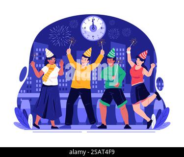 Un groupe de personnes heureuses déclenche des feux d'artifice pour célébrer le nouvel an & rsquo ; s Eve. Illustration du concept de bonne année Illustration de Vecteur