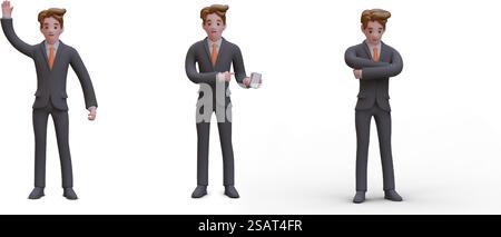 Ensemble de personnages masculins réalistes dans différentes poses. Vecteur homme dans le costume d'affaires ondulant, montrant smartphone, debout réfléchi. Illustrations isolées. Vecteur homme dans le costume d'affaires ondulant, montrant smartphone, debout réfléchi Illustration de Vecteur