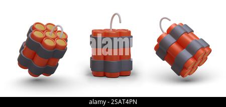 Ensemble d'explosifs réalistes dans différentes positions. Bâtons de dynamite, bombe. Image vectorielle isolée. Matériaux pyrotechniques. Illustrations de jeu sur fond blanc. Ensemble d'explosifs réalistes dans différentes positions. Bâtons de dynamite, bombe Illustration de Vecteur