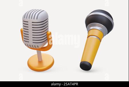 Jeu de microphones. Modèle de bureau et micro portable sans fil. Équipement de scène professionnel pour l'enregistrement sonore. Instrument de chanteur, animateur radio, animateur. Image couleur isolée avec des ombres. Jeu de microphones. Modèle de bureau et micro portable sans fil Illustration de Vecteur